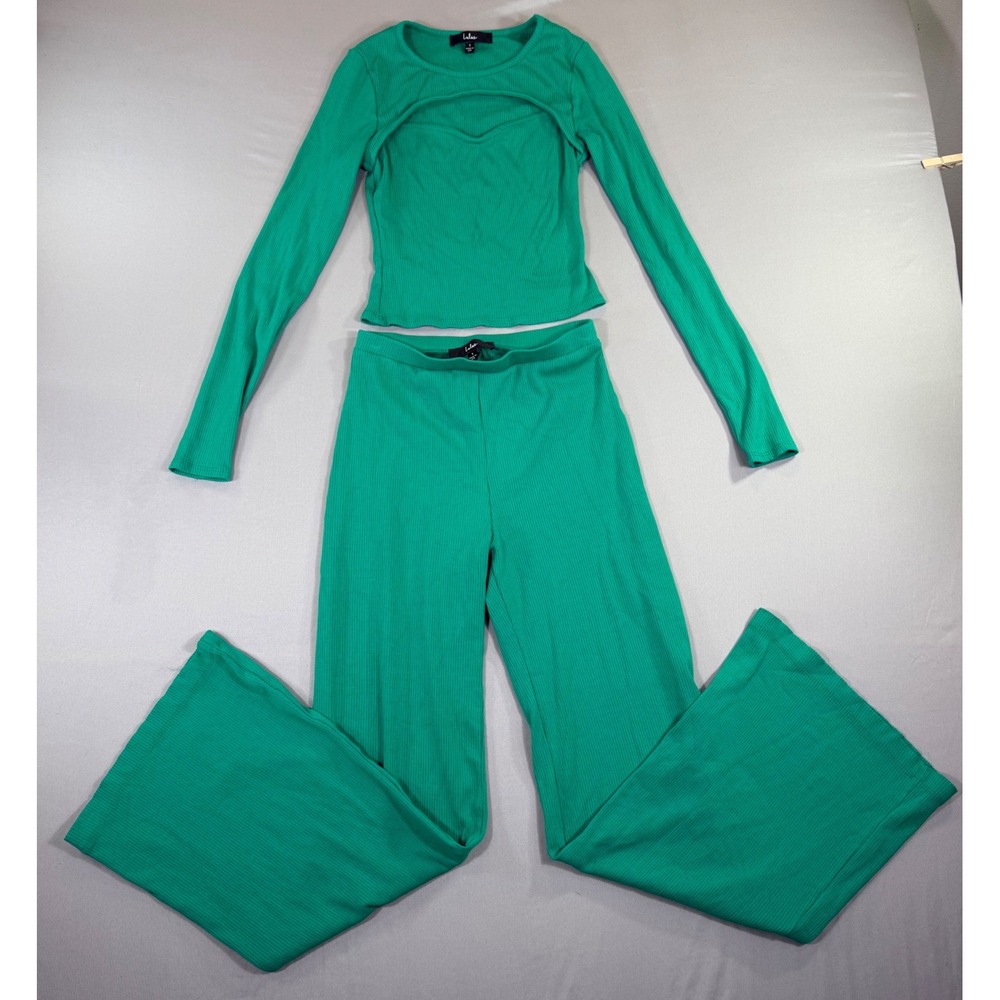 Lulus Ribbed 2 Piece Set Small Cutout Top Wide Leg YK Festival Green
